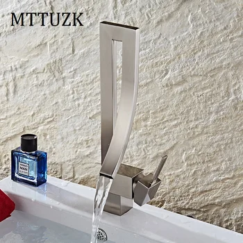 

MTTUZK Free Shipping Unique Design Single Handle Waterfall Brushed Nickel Basin Faucet Tap Hot and Cold Bathroom Faucet Mixer