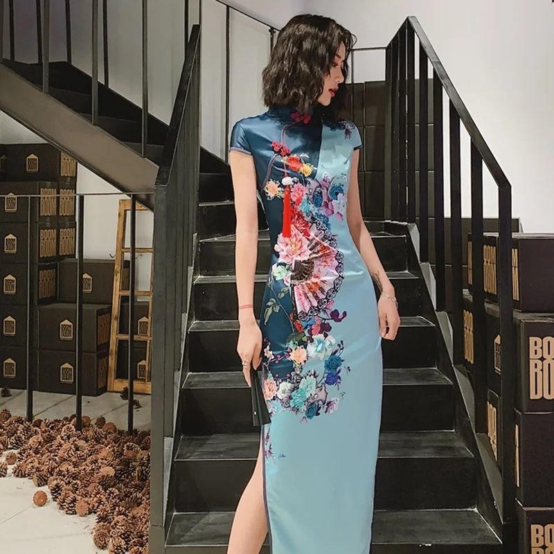 Традиционное китайское шелковое платье Ципао с длинным цветочным принтом и коротким рукавом, сексуальное восточное платье в китайском стиле, платье Ципао AA4759