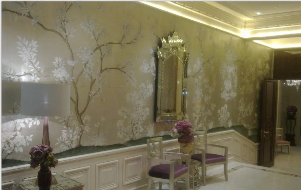 

Luxurious Hand-painted silver gold foil wallpaper painting flowers with birds and fence many patterns and background optional