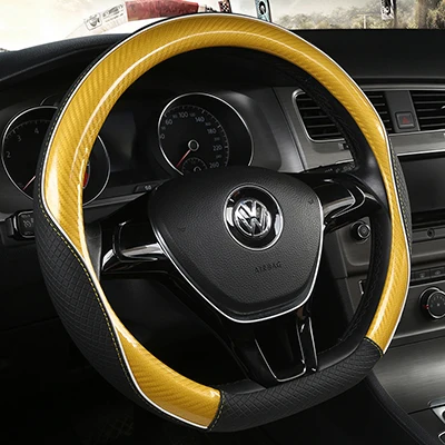 Carbon Fibre+Leather Car Steering Wheel Cover For VW GOLF 7 2015 POLO JATTA Passat Tiguan For Nissan Qashqai J11 X-trail T32 Yellow D Shape