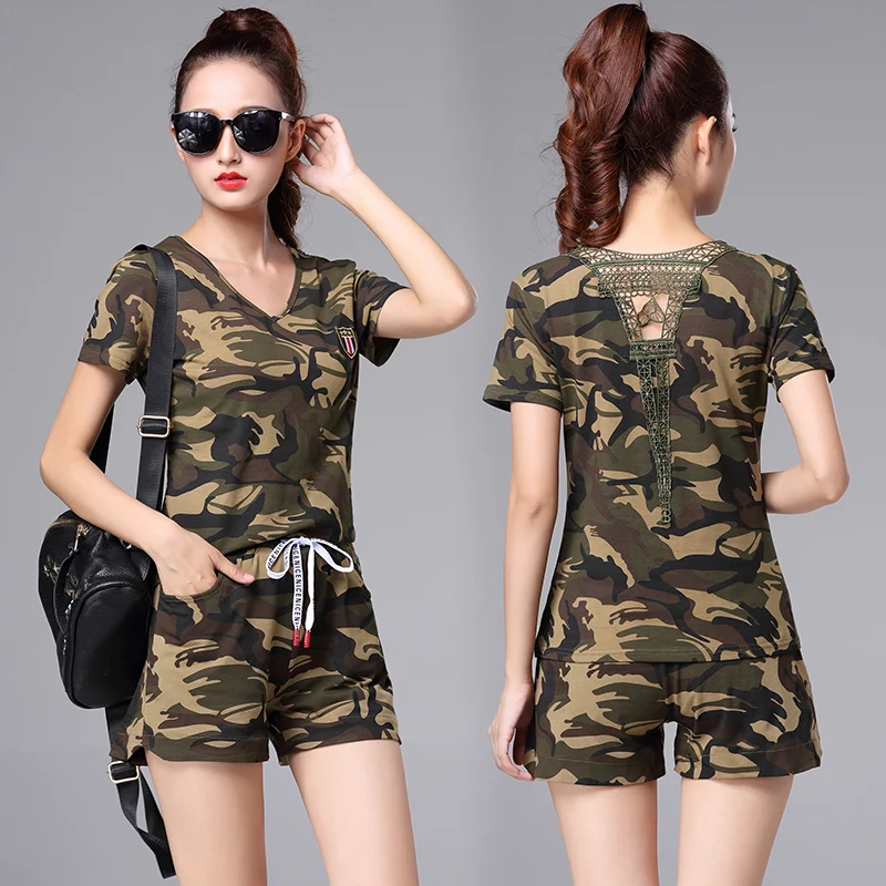 

Lace Hollow Camouflage Sportswear Suit Female Two-piece Suit Summer Modis women Fashion Running Casual V-neck T-shirt Shorts New