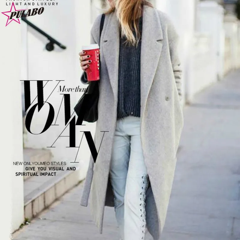 Winter Women's Wool Blend Long Coat 2019 New Hollywood Warm X-Long Oversize Cashmere Turn-down Collar Outwear Coats Grey Trench