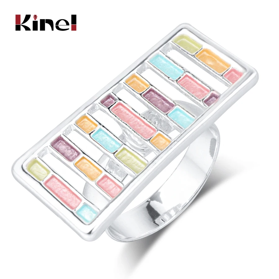 

Kinel UniqueTrendy Enamel Rings For Women Silver Color Long Personality Party Ring Female Vintage Jewelry Girl Gift
