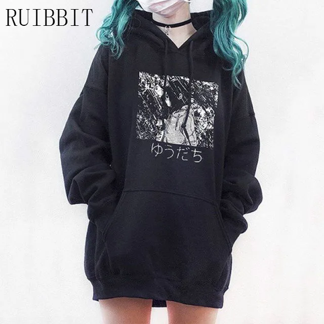 

Harajuku Gothic Punk Manga Girl Print Women Fleeces Hoodies Oversize Velvet Hooded Sweatshirt Pullover Long Sleeve Streetwear