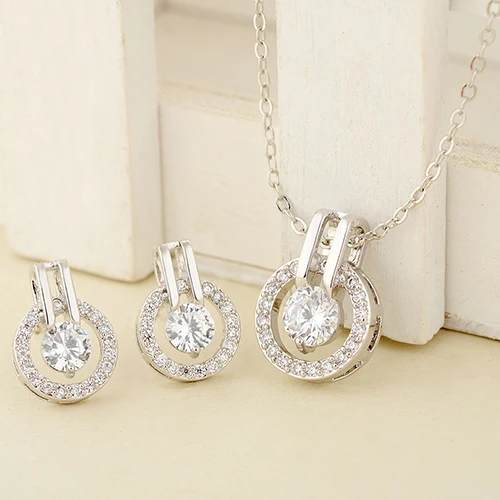

New Arrival Women's Zircon Round Pendent Choker Chain Necklace Earrings Wedding Jewelry Set Fashion Leader' Choice