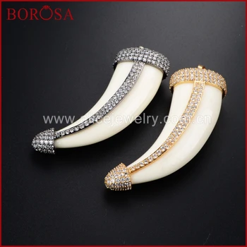

BOROSA Gold/Black Color Natural White OX Bone Carved Horn Pendant Bead Pave Zircon High Quality Drusy Jewelry for Women WX245