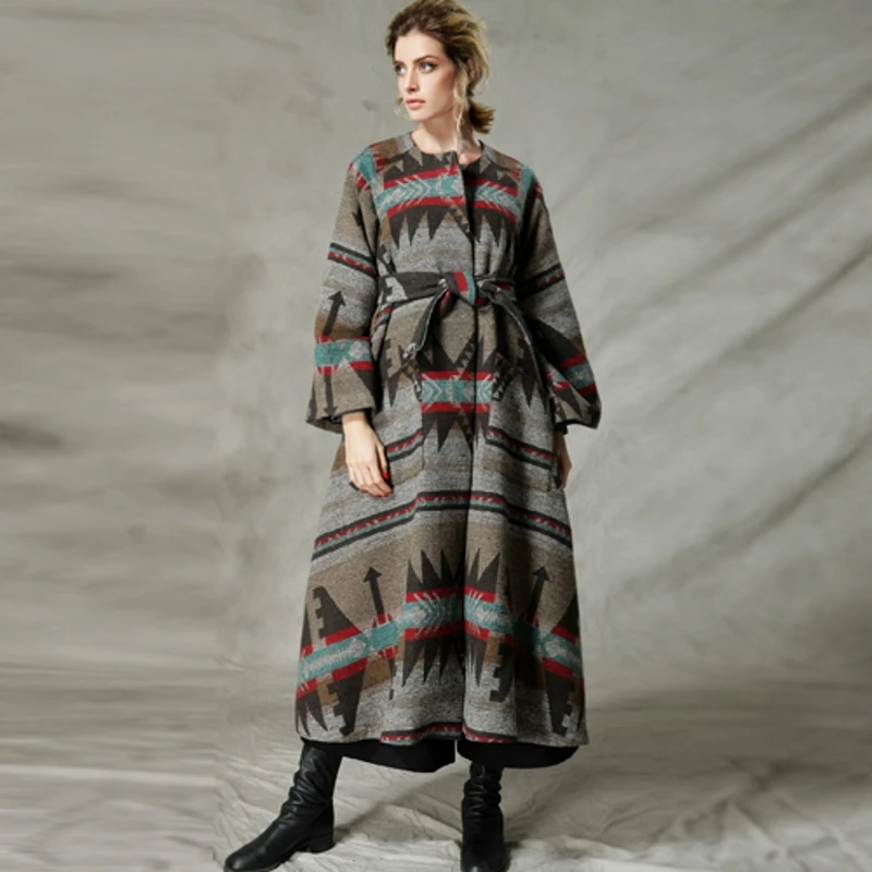 

C4001 New Arrival autumn and winter 2018 vintage ethnic a line flare sleeve loose long maxi wool coat women