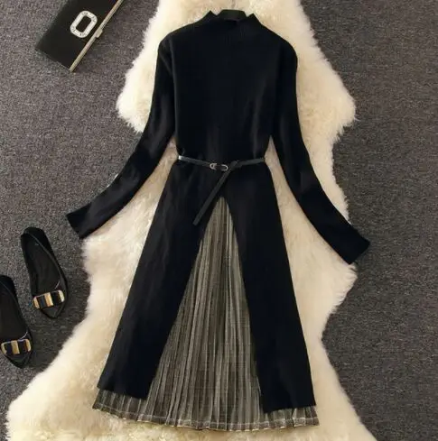 Amolapha Женский вязаный свитер платья+ плиссированная юбка комплекты одежды из 2 предметов с поясом - Цвет: black golden skirt
