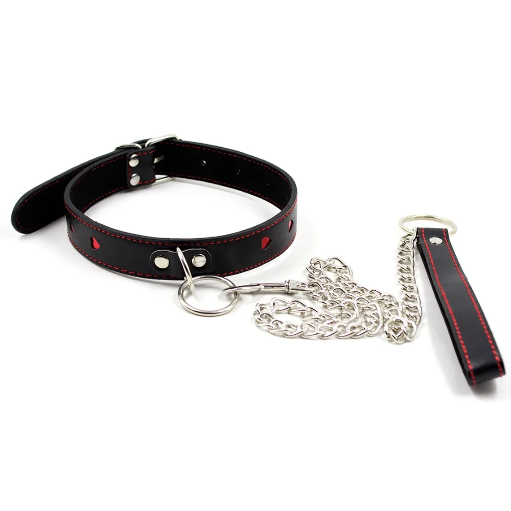 Leather collar and leash neck bondage restraint harness with chain