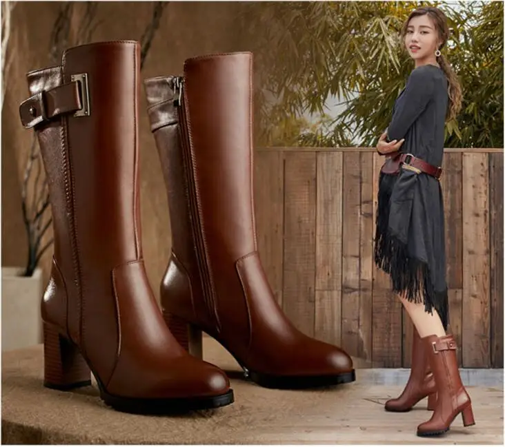 

All leather, autumn and winter, new high heeled boots, thick leather boots with high leather boots, fashionable women boots.