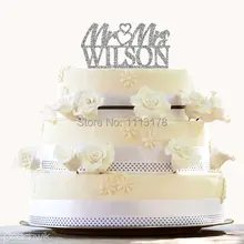 Блеск свадебный торт Топпер Дизайн пользовательские фамилия Свадебный торт Toppers два сердце серебро мистер и миссис Топпер
