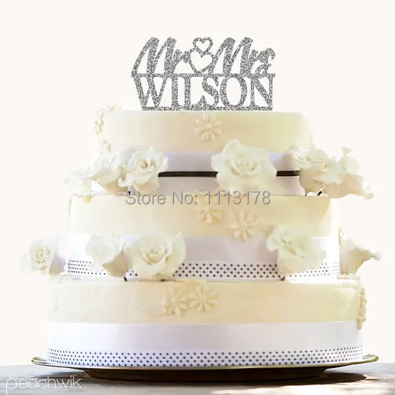 Glitter Wedding Cake Topper Design Custom Last Name Toppers Two heart silver Mr and Mrs | Дом и сад