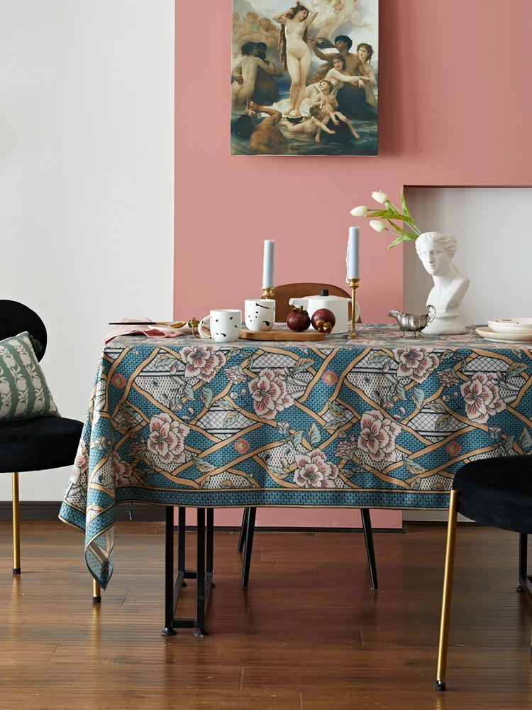 

summer blue floral linen tablecloth wedding decor home warming gift rectangular table cover clothes