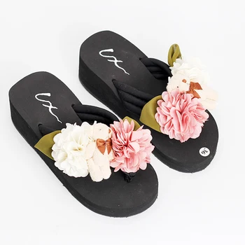 

2018 Summer New Flower Bear Design Women Flip Flops Platform Comfort High Heel Travel Home Slippers Handmade Sandals Wedges
