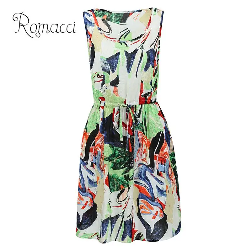 

Romacci Plus Size Dress 4XL 5XL Fashion Loose Graffiti Print Dress O Neck Drawstring Waist Sleeveless Pocket Casual Summer Dress