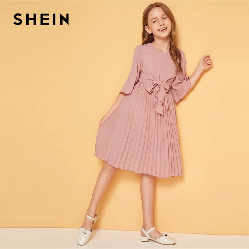 Vente SHEIN Kiddie solide cravate avant plissée filles jolie robe enfants 2019 été volant manches une ligne enfants genou longueur robes