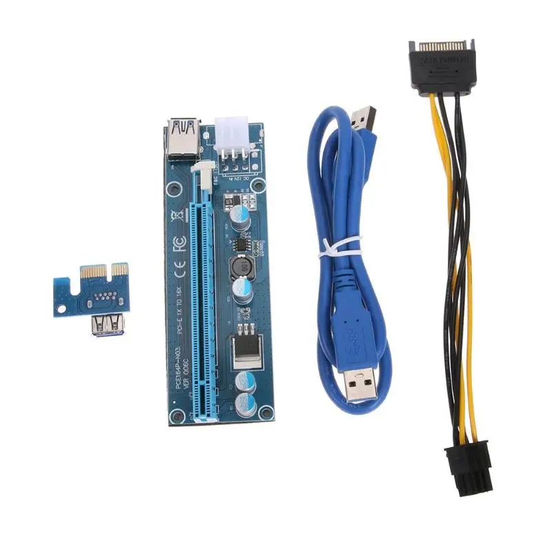 

PCI-E 1X to 16X Riser Card Extender Adapter + USB 3.0 Cable 15Pin SATA to 6Pin IDE molex Power Cord cable low price