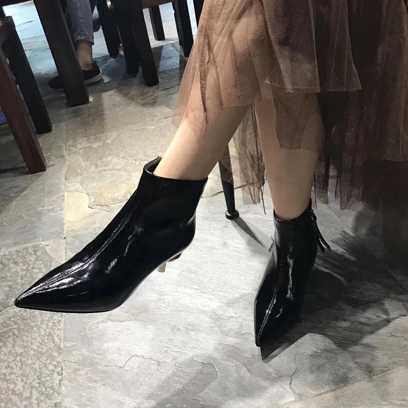 Г., ботильоны для женщин из лакированной кожи короткие ботинки на высоком каблуке в стиле леденцов женская обувь с острым носком в стиле ретро