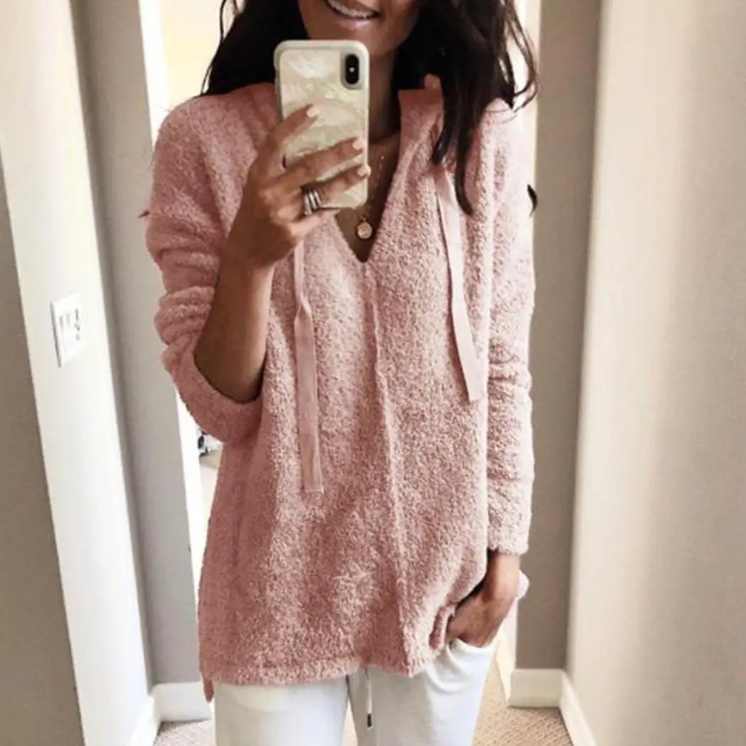 

Women Casual Hooded V Neck Long Spring, Autumn, Winter Sleeve Solid Casual, Street, Outdoor, etc Tops Sweater