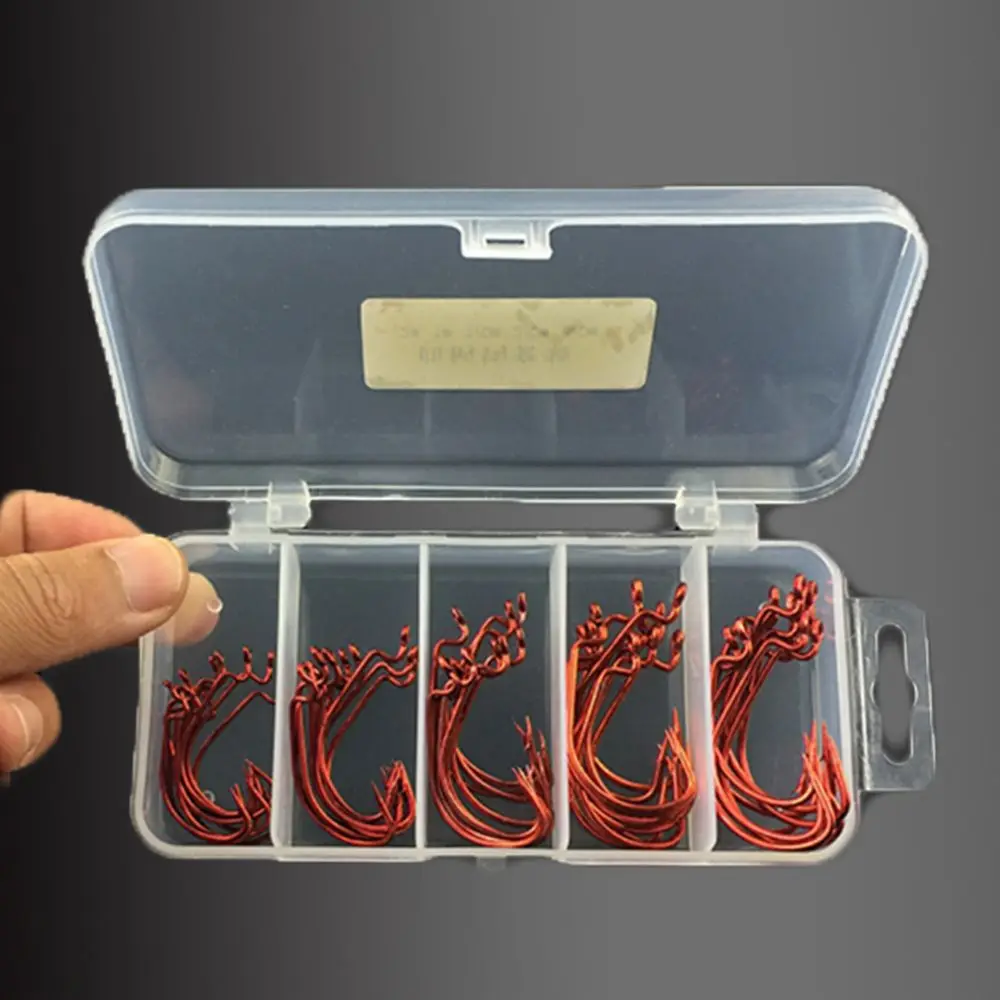 

50Pcs/Box Carbon Steel Durable Head Treble Bait Sharp Worm Hook Fishing Hooks Red Fishhook Jig Big 5 Size