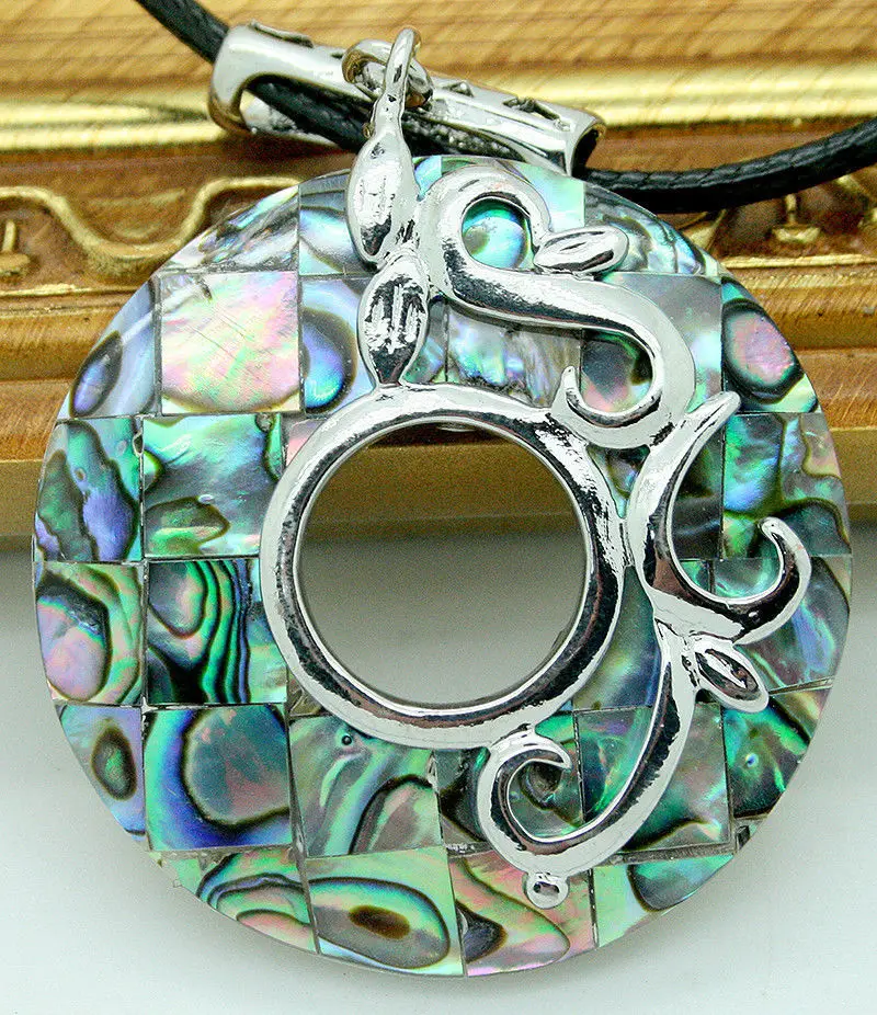 

ddh001718 Rare Faceted Openwork New Zealand Abalone Shell Pendant Necklace 40mm
