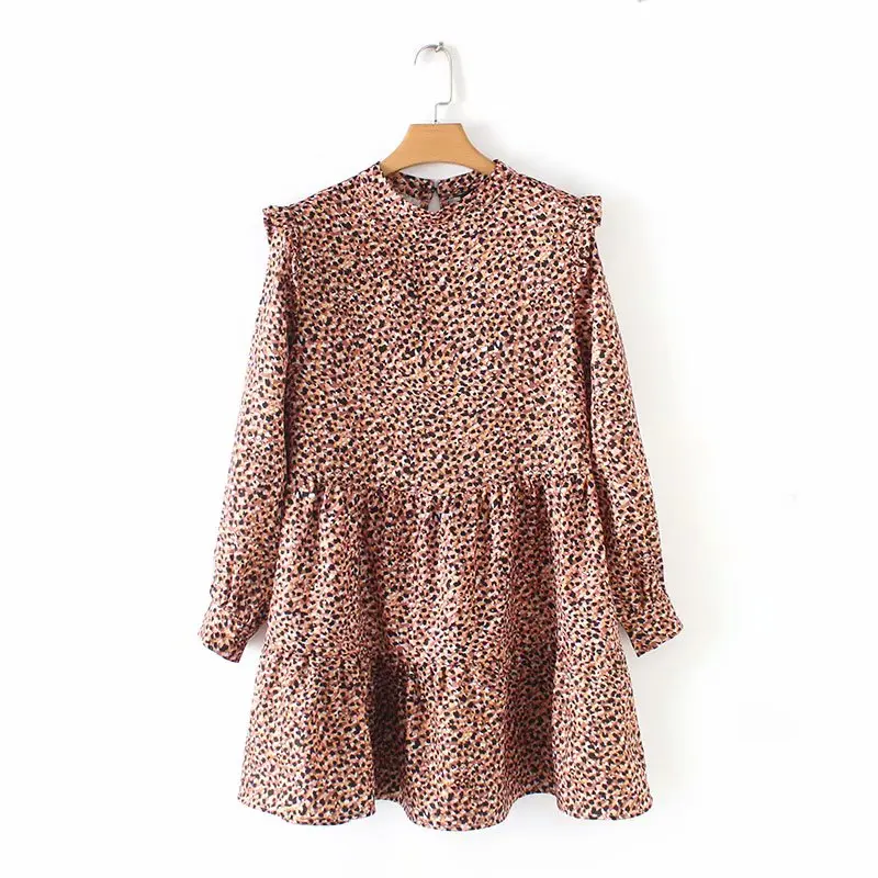 Cena 2019 kobiet w stylu vintage plisowane ruffles wzór w cętki mini sukienka kobiet o szyi z długim rękawem casual vestidos chic słodkie sukienki DS1946