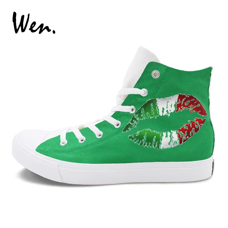 

Wen Painting Canvas Shoes Design Italy Flag Hand Painted Graffiti Shoes Lip Print Lace Up Flat Men Women's Sport Sneakers