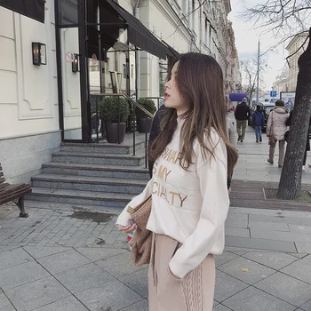 

2019 MISHOW Autumn winter fashion letter sweater for women causal around neck long sleeve white sweater tops MX18D5190