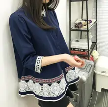 Ethnic Pearl Beaded Loose Cotton Blouse Shirts Ladies Big Size Stand Collar three quarter embroidery Tops D534