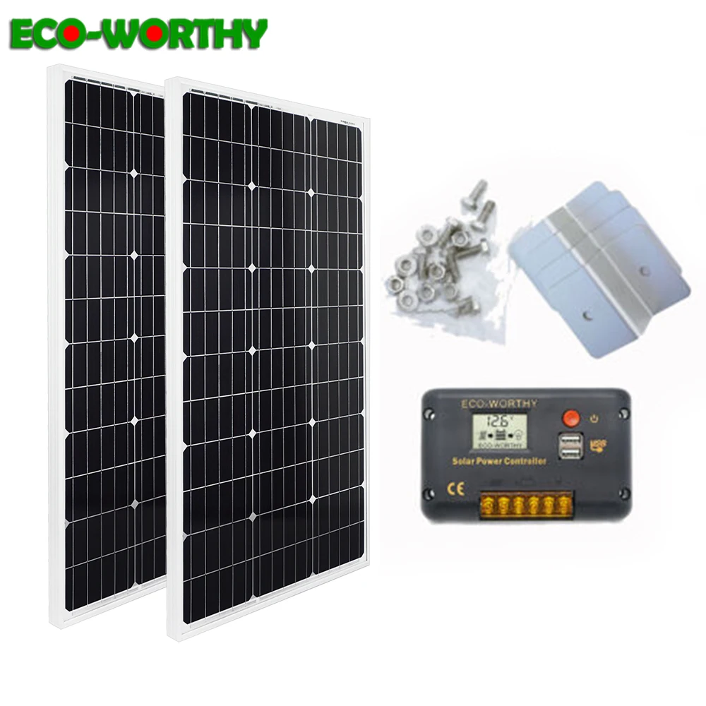 

ECOWORTHY 200W solar energ systems: 2pcs 100W mono solar panel& 20A LCD controller & 8pcs Z Brackets charge for 12V battery