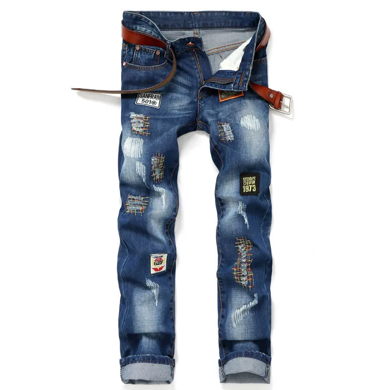 Mcikkny Для мужчин тонкий Прямые Джинсы лоскутное значок вышивка джинсовые брюки хип-хоп Уличная джинсы брюки для мужчин мыть