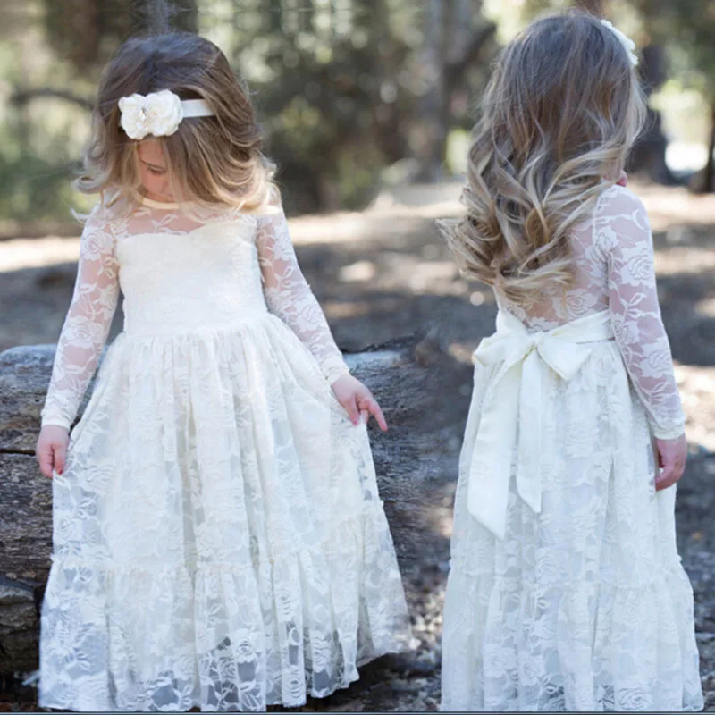 

2018 Girl Lace Long Maxi Dress Rose Baby Kids Princess Wedding Prom Party White Cream Big Bow Long Sleeve First Communion Dress