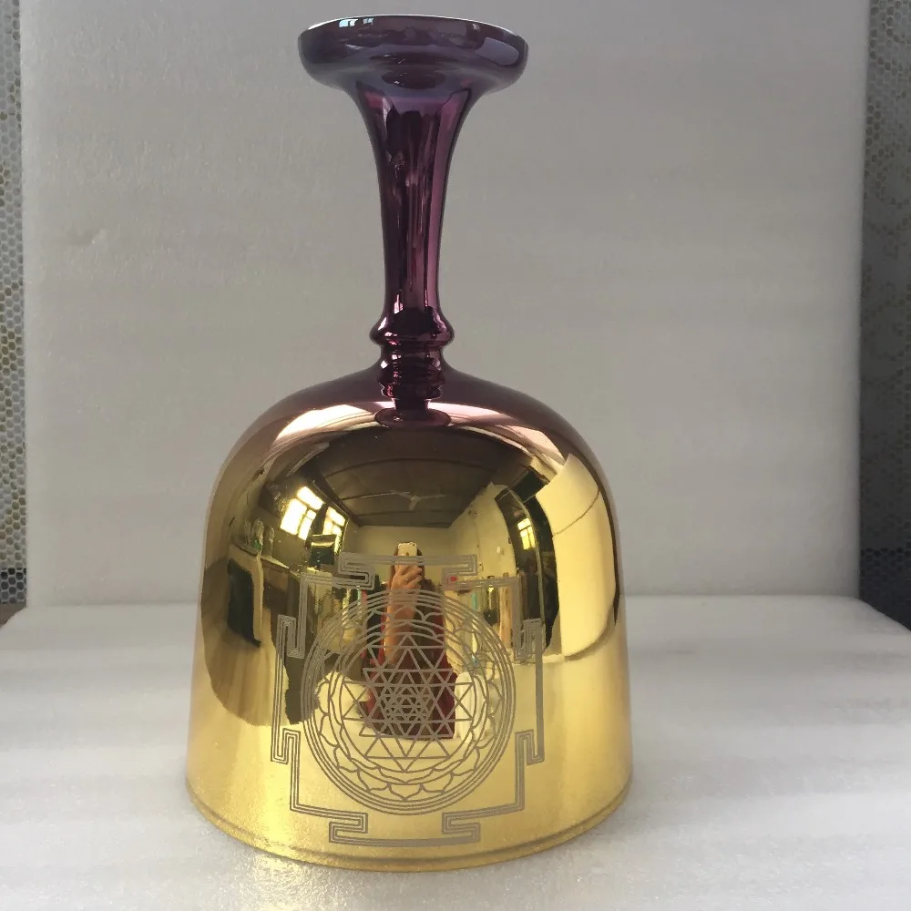 

3th Octave 8.5" mixed color Crystal Singing Chalice/Grail, perfect Musical Note "D", Sacral chakra with design "Sri Yantra".