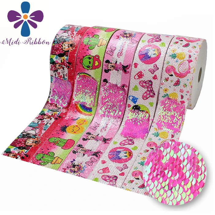 

3"75mm Cartoon Series Cuctus Flamingo Fruits Printed Double Reversible Hologram Pink Sequin Ribbon DIY Hair Bows 46yards