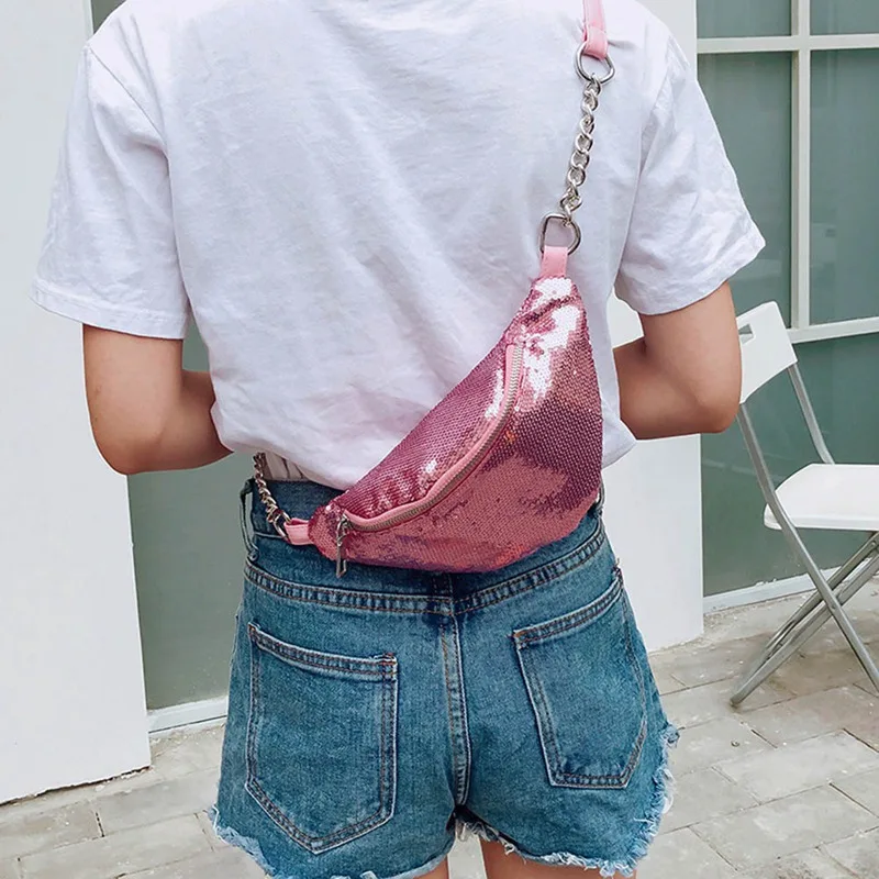Летние Для женщин блесток Fanny Pack модные женский пояс Сумка 2019 груди чехол сумка блеск бум Ремни сумки Талия пакеты