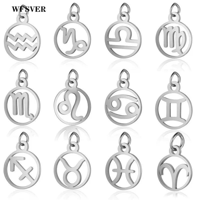 

WFSVER 12 Zodiac Constellations Round Pendants Charms Silver Color Stainless Steel Necklaces Making Leo Aquarius Charm Jewelry