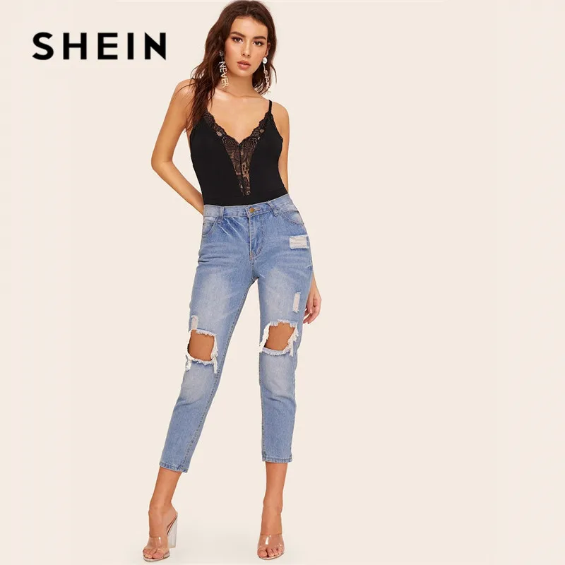 SHEIN Боди На Бретелях С Кружевом И Вставкой V Образным Вырезом Женское Летнее