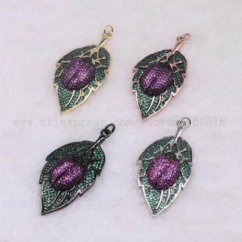 

3 pieces leaves pendants with bugs bee for lady charm ladybugs jewelry making micro paved mix color pendants pets beads 3283