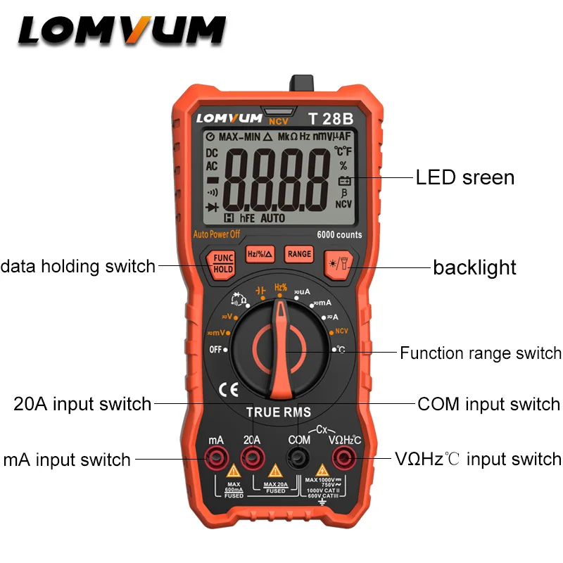 Beste LOMVUM NCV Digitale Draagbare Digitale Multimeter 6000 telt AC DC Voltage Meter Voltmeter Tester Meter Handheld LED Groot Scherm