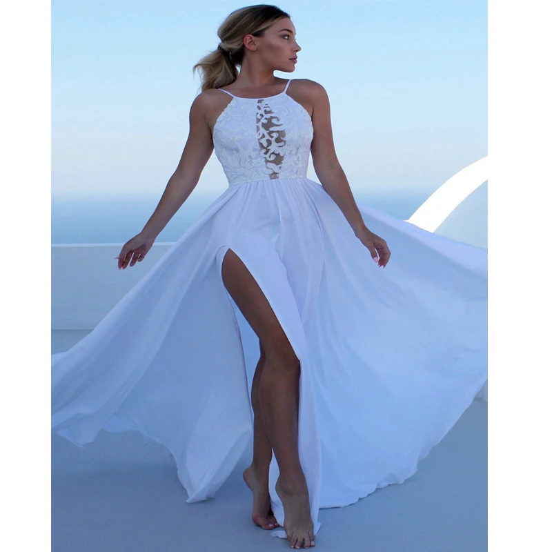 

White Long Party Evening Dress 2019 Ivory Evening Gown Scoop Chiffon Lace Beach Cheap Lady Slim Fit Maxi vestido de noiva