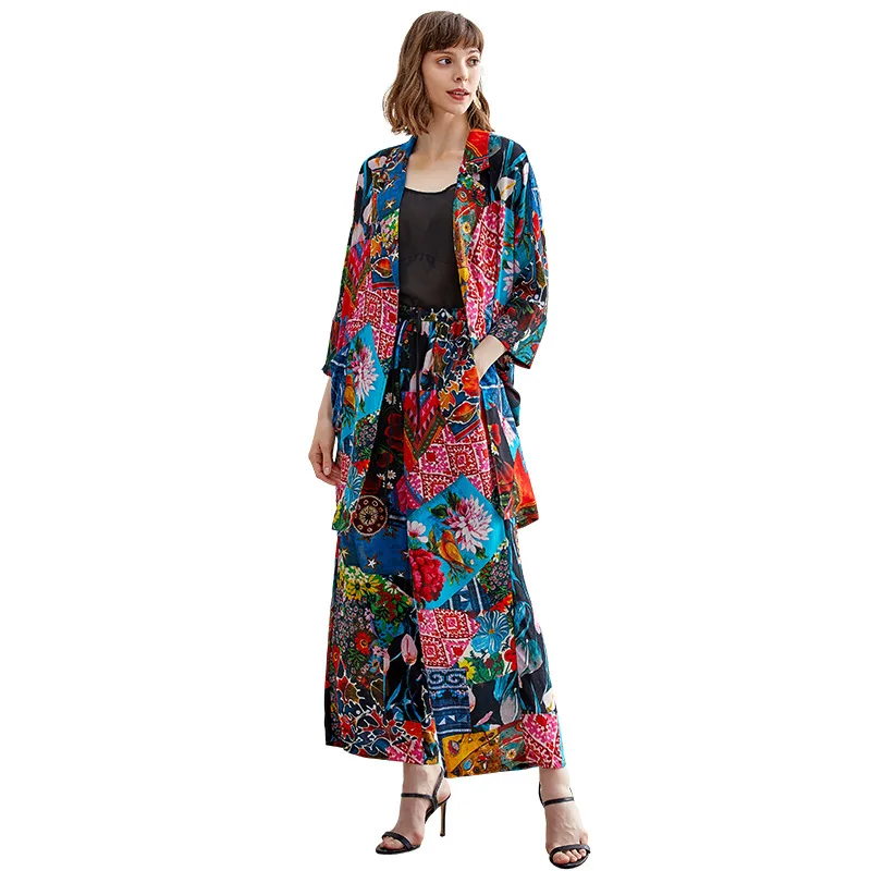 

Silk Leisure Suit 2019 Spring And Summer New Thin Casual Suit Jacket Fashion With High Waist Printed Wide Leg Pants Women'S Suit