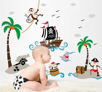 

Creative kindergarten school classroom glass decorative coconut trees pirate ship children room wall stickers