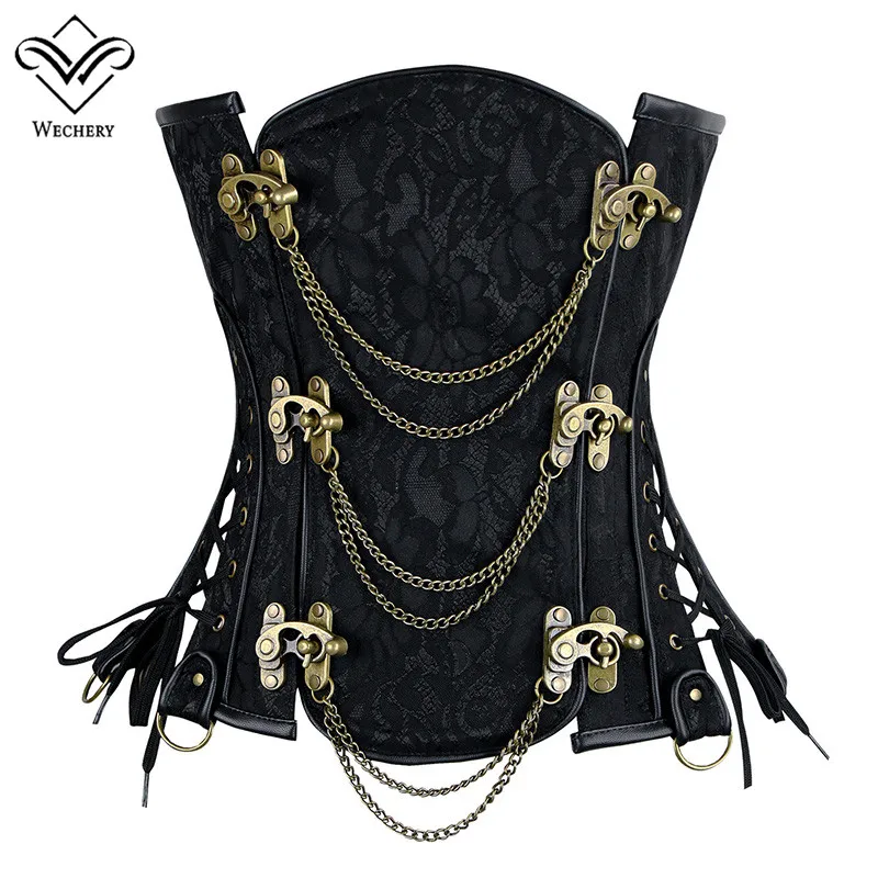 

Wechery Steampunk Corset Sexy Retro Punk Women Corsets Chain Buckle Vintage Posture Cosplay Korset Tops Lace Up Jacquard Bustier
