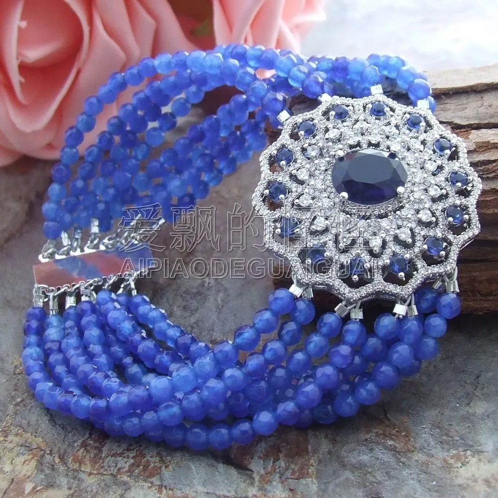

Women's 8" 8 Strands Round Faceted Blue Bracelet CZ Connector