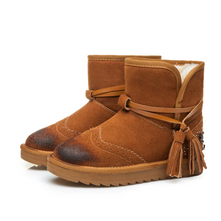 Winter New Warm Short Boot For Woman Fringed 2017 Genuine Leather Wool Snow Boots Female tube Winter Boots Pollock Style