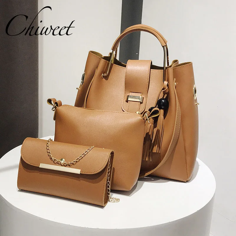 

Brand Fringed Wood Beads Women Composite Bag 3 Set Tote PU Leather Handbags Messenger Bags Ladies Hand Bags Large Shoulder Bags
