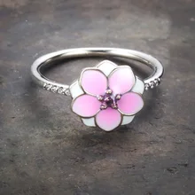 925 серебряное романтическое кольцо на палец с эмалью и розовым цветком персика для женщин, обручальное кольцо с цветками вишни на день святого валентина для пары