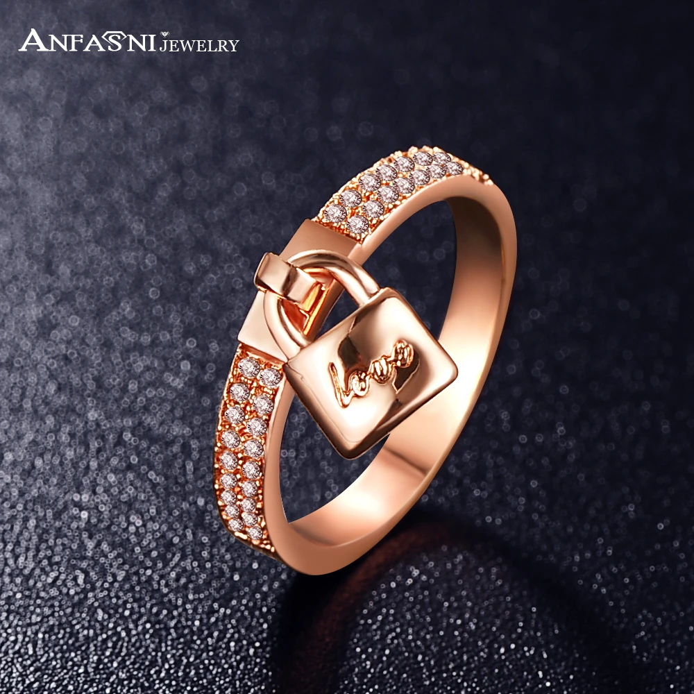 ANFASNI Love You Fashion Women Lock Rings Rose Gold Plt AAA Cubic