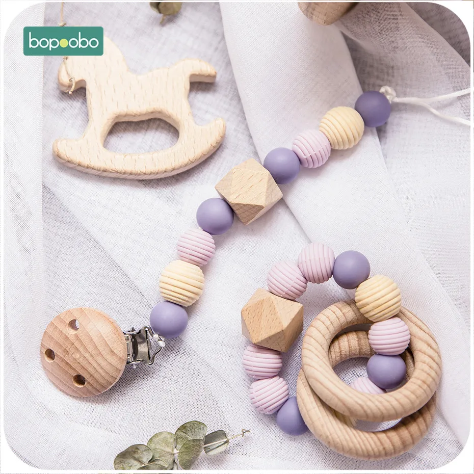 Bopoobo 3Pc/Set Silicone Beads Baby Teether Necklace Round Wooden Beads Pendant For Nursing Pacifier Chain Clips Baby Products