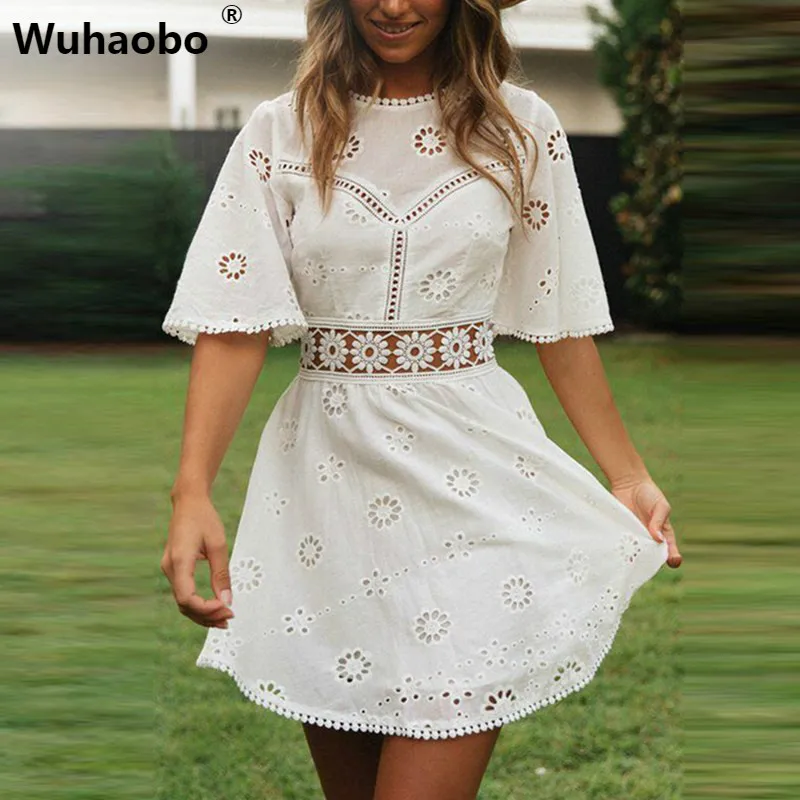 

Wuhaobo Flare Sleeve Cotton White Lace Dress Women Casual Ladies Dress Summer High Waist Short Dress Vestidos Hollow Out Dress